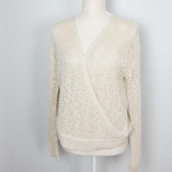 Hem & Thread Tan Cream Wrap Top Balletcore Long Sleeve Open Knit Sweater Medium - Picture 1 of 11